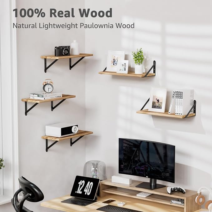 Wall Shelves 7.3" Deep Solid Paulownia Wood (Light Brown, Set of 4) | 15mm Thick, Wider & Longer & Stronger, Easy to Install, Floating Bookshelves, For Bathroom Bedroom, Office Storage Organizer - Image 6
