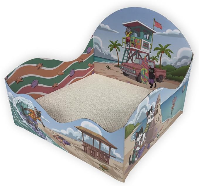 Themed Cardboard Cat House & Scratcher | Beach Theme | Enclosed Privacy Bed and Premium Corrugated Scratch Pad for Small, Medium & Large Indoor Cats, 13.5 inches (Meow Beach) by Unknown