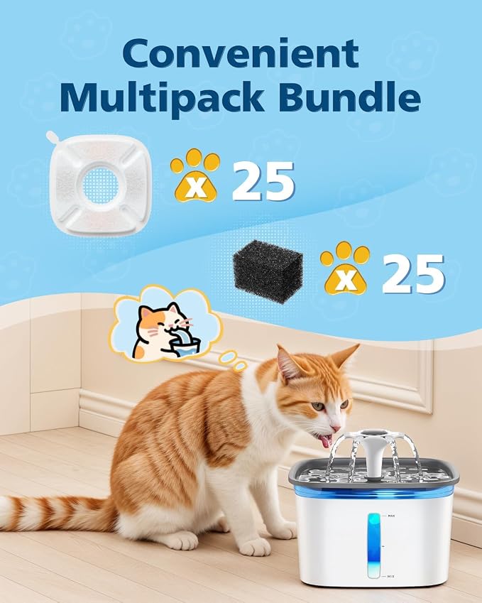 50 Pcs Cat Water Fountain Filters for Veken 95oz 67oz 135oz Pet Fountain | Dog Water Fountain Automatic Dog Water Dispenser 25 Pcs Pet Fountain Filter Replacement & 25 Pcs Pre-Filter Sponges - Image 2