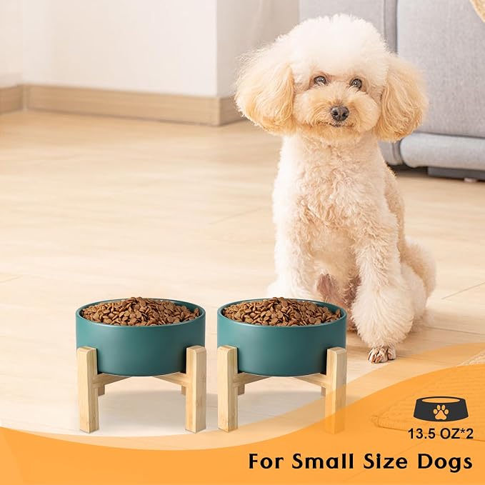 SPUNKYJUNKY Ceramic Elevated Dog Bowls 2 Pack - 5.1inch Raised Dog Bowls with Non-Slip Wooden Stand for Small Dogs Dishwasher Safe(Green,13.5OZ*2) - Image 7