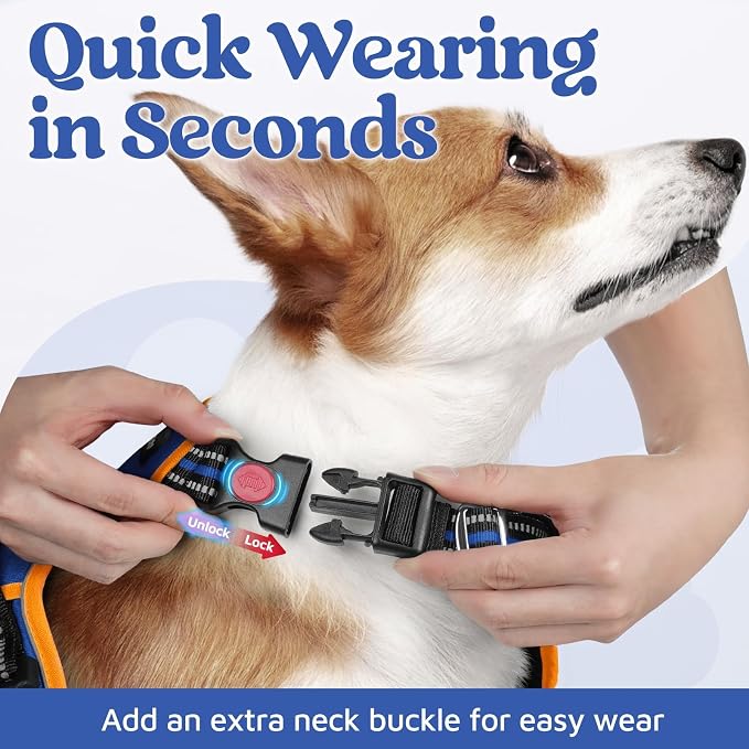 rabbitgoo Dog Harness for Large, No Pull 3 Buckles Easy On & Off | Soft Padded, Walking with Control Handle, Adjustable and Reflective, Royal Blue & Orange, Large - Image 2
