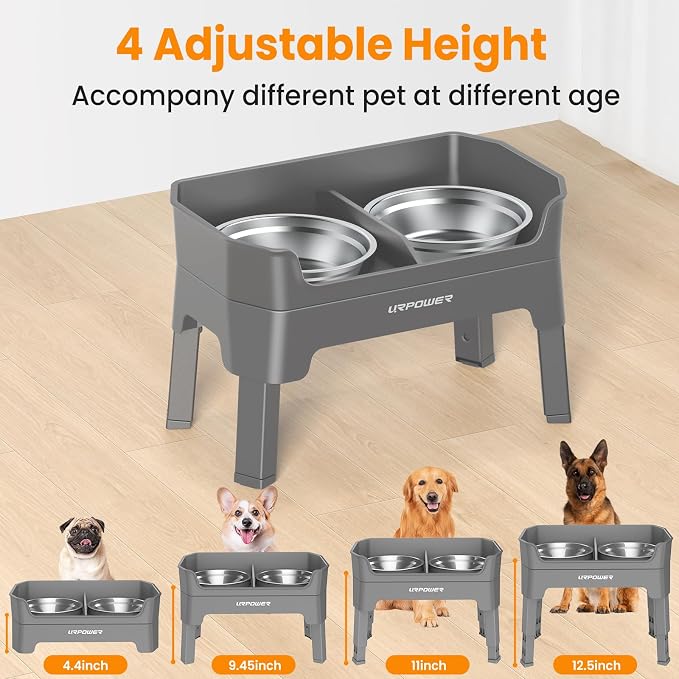 URPOWER Elevated Dog Bowls, 3-in-1 Double Deck Raised Dog Bowl Stand | 4 Height Adjustable Raised Stand with 2 Stainless Steel Food Bowls & Licking Plate for Small, Medium & Large Dogs - Image 3