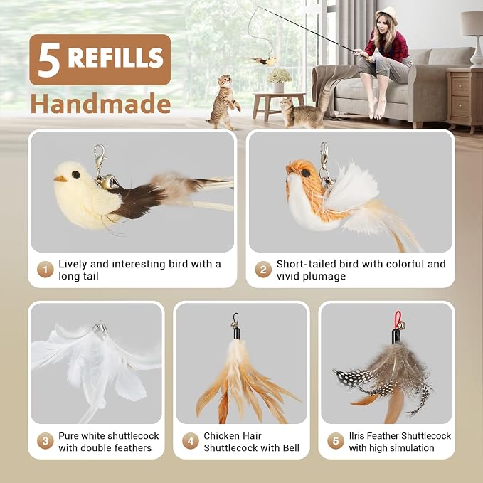 ROSAUI Cat Teaser Wand Toys, Interactive Bird Toy for Indoor Kittens, 53.15’’ Long Cat Fishing Pole Toys, 2X Wires and 5X Natural Refills, Sustainable Wooden Handles, Exercising, Playing - Image 3