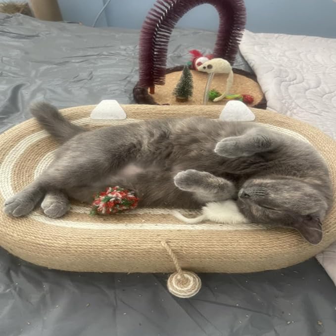 Cat Scratcher Bed 3 in 1 Sisal Cat Scratching Board for Indoor Oval Cat Scratch Pad Durable Scratching Lounge Bed Round Bowl with Toy Balls for Cats Kitten Puppy (24"x15.7"x3.5") - Image 8