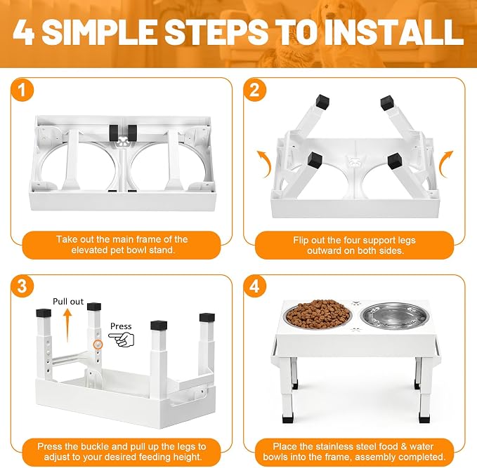 Elevated Dog Bowls Stand Large Breed, Height Adjustable Raised Dog Bowls Holder with 2 Stainless Steel Food Bowls for Small, Medium and Large Canine，White - Image 9