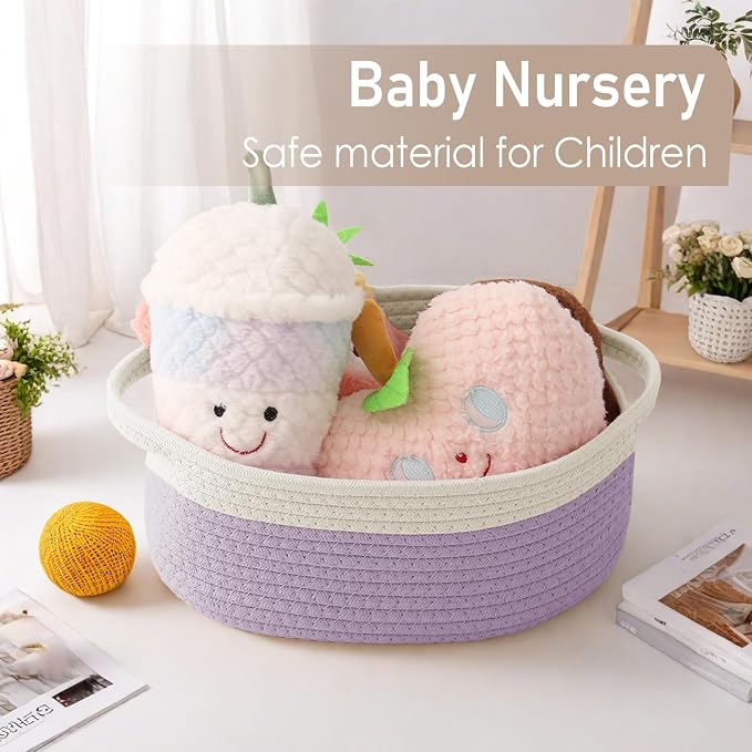 JMvicyroam Small Woven Basket, Empty Gift Basket, White&Purple/3 Pack | Small Gift Basket, Cotton Rope, 12 x 8 x 56 in, Handles, Includes Ribbon and Bag, Birthday Gift Basket - Image 5