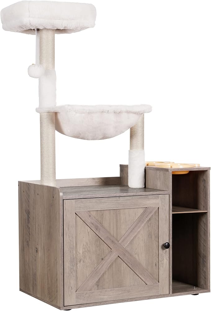 Hey-brother Cat Tree Tower, Food Station, XL Litter Box Enclosure, MPJ101SG | 48.81 Inches Wooden All-in-one Cat Furniture, Large Hammock, Bed, Scratching Posts, Big Basket for Indoor Cats, Rustic Gray by Hey-brother