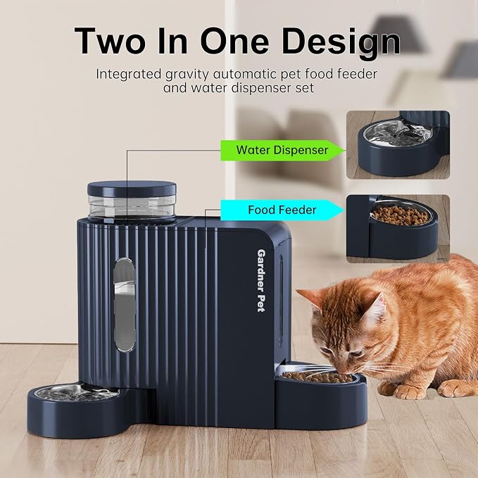 Gardner Pet Gravity Cat Food Feeder and Water Dispenser Stainless Steel Bowls Two-in-One Set Large Capacity Automatic Feeder for Pets Dogs, Puppies, Kittens-(0.8 Gallons x 2) - Image 2