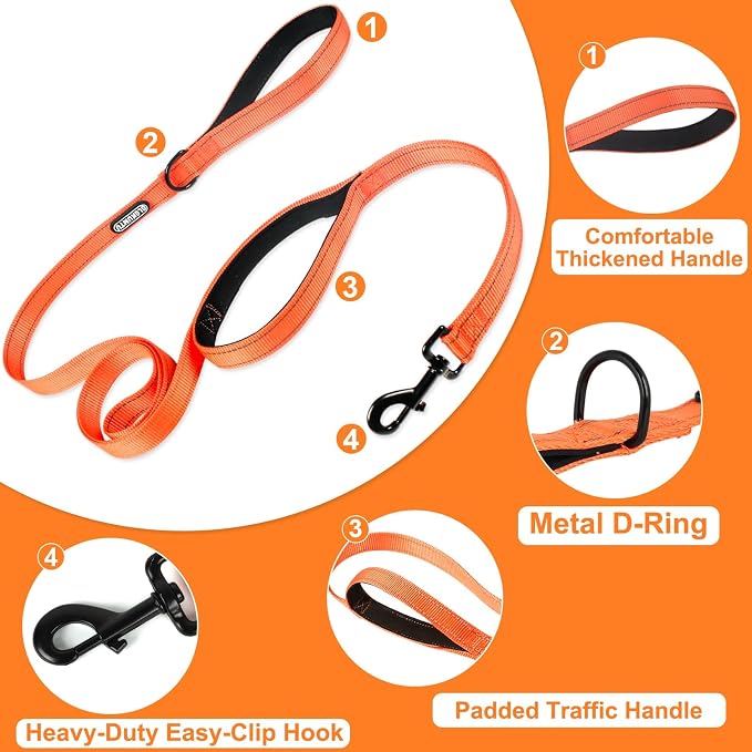Heavy Duty Dog Leash with 2 Comfortable Padded Handles, 6FT Traffic Handle Extra Control, Highly Reflective Threads Leash for Small/Medium/Large Dogs (Orange) - Image 2