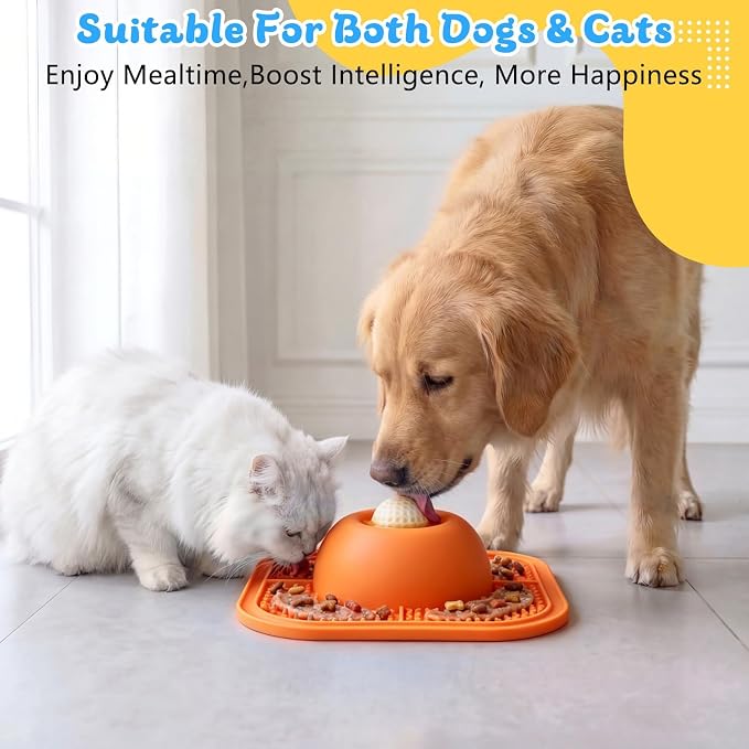 Slow Feeder Dog Bowls & Lick Mat for Liquid and Thick Treat, Anti-Slip Dog Lick Bowl with Interactive Rolling Ball, 5/6 Cup Pup Licking Toy for Large Medium Small Dogs and Cats Orange - Image 4