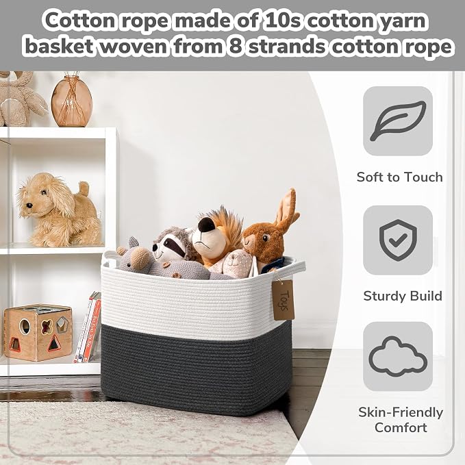 Goodpick 50L Large Woven Rope Storage Basket, Rectangle, Dark Gray | 18" × 14" × 12" Decorative Gift Basket for Living Room & Nursery Organization, Fits Blanket & Toy Storage, Writable Label - Image 4