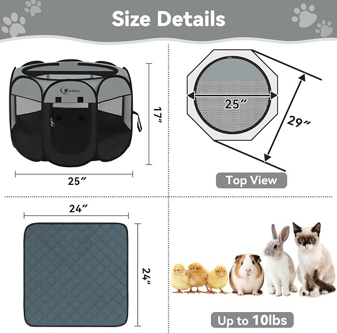 Siedihit Dog Cat Playpen with Washable Pee Pad, Puppy Pet Playpen | Indoor for Small Dog Crate Tent Cage Outdoor, Portable Pop Up Dogs Enclosure Kennel with Carrying Case,Dark Grey - Image 7