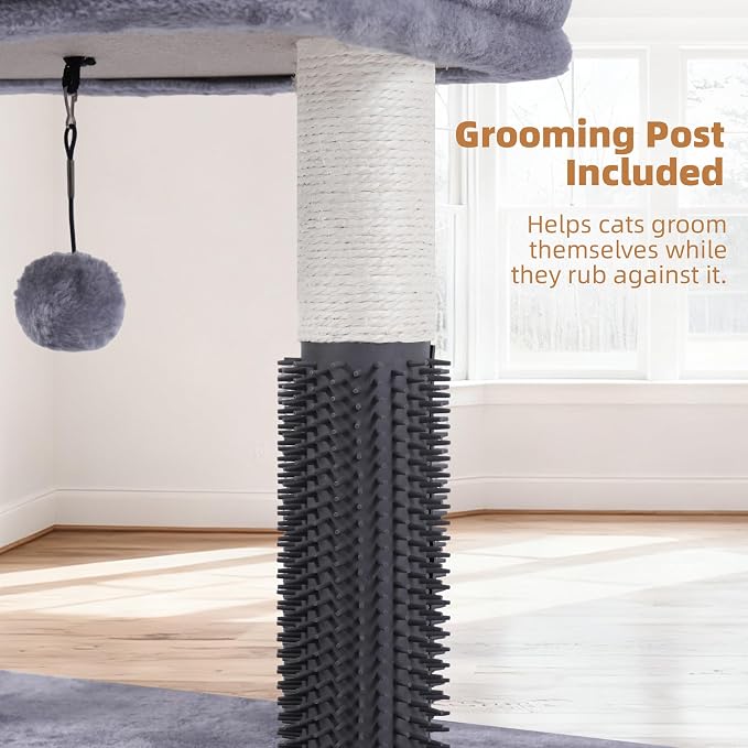 Cat Tree with Self-Grooming Brush and Interactive Toys, Cat Tree Tower for Indoor Cats, Cat Tower with Sisal Scratching Post and Scratching Pads, Cat Condo with Padded Perch, Grey - Image 8