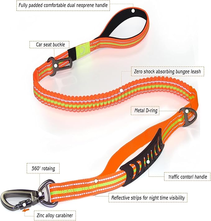 Heavy Duty Bungee Dog Leash with Locking Carabiner for Large Dogs | No Pull Bungee Shock Absorbing, 2 Padded Handles for control, Fits 60-150 lbs Dogs, Seatbelt Buckle, Reflective - Image 2