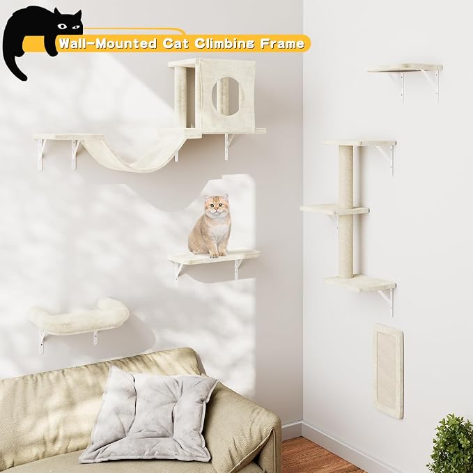NUNU LAB Wall Mounted Cat Furniture Set - 6 Pcs Climber Set with House, Bridge, Steps, Scratcher Board - DIY Walls Playground, Indoor Cat Shelves - White - Image 2