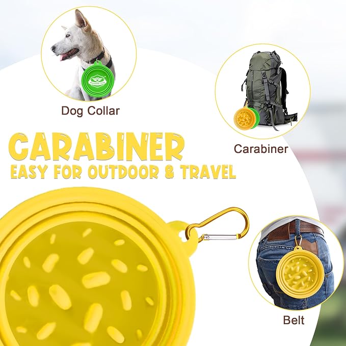Small Collapsible Dog Bowls (12oz), 2 Pack 2 Colors Pet Travel Foldable Bowl and Slow Feeding Frisbee with Carabiners, Healthy, Soft Silicone, Portable Essential Set for Walking, Travel, and Hiking - Image 5
