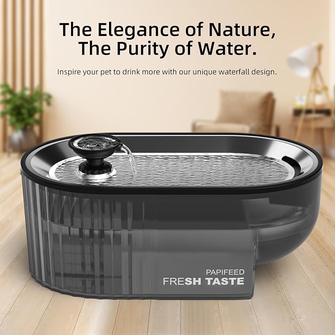 PAPIFEED Cat Water Fountain Stainless Steel with a Silicone Mat, 84oz/2.5L Automatic Pet Fountain with Water Level Window and LED Light, Quiet Low Power Cat Water Bowl & Cat Water Dispenser(Black) - Image 2