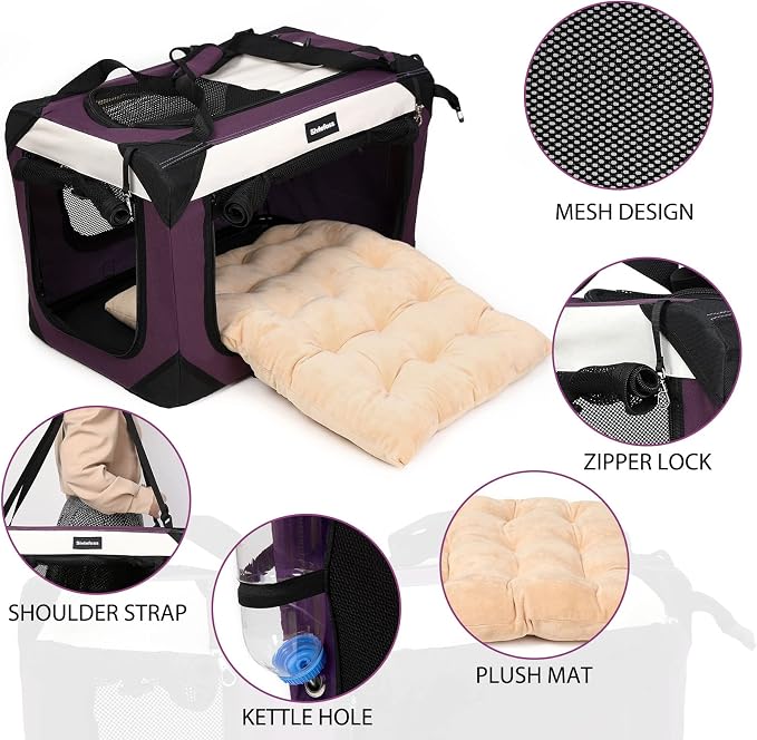 Large Cat Carrier, Collapsible Dog Travel Crate Portable Soft-Sided Pet Carrier with Super Soft Warm Plush Mat for Indoor and Outdoor 24x16x16in,Purple - Image 3