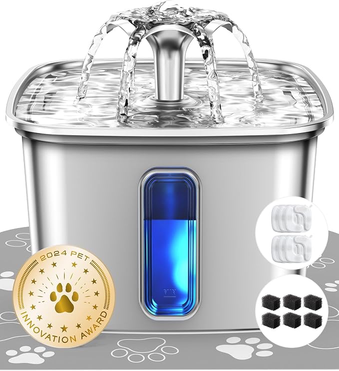 Veken Innovation Award Winner Stainless Steel Cat Water Fountain, 108oz | Automatic Pet Fountain Dog Water Dispenser with 6 Replacement Filters & Silicone Mat for Cats, Dogs, Multiple Pets (Silver) by Veken