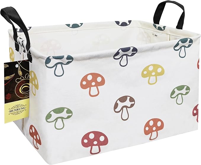 Rectangle Canvas Foldable Storage Basket for Nursery, Color Mushroom | Portable and collapsible cloth receptacle. Stores pet essentials, daily use items. Folds flat when not in use by HUNRUNG