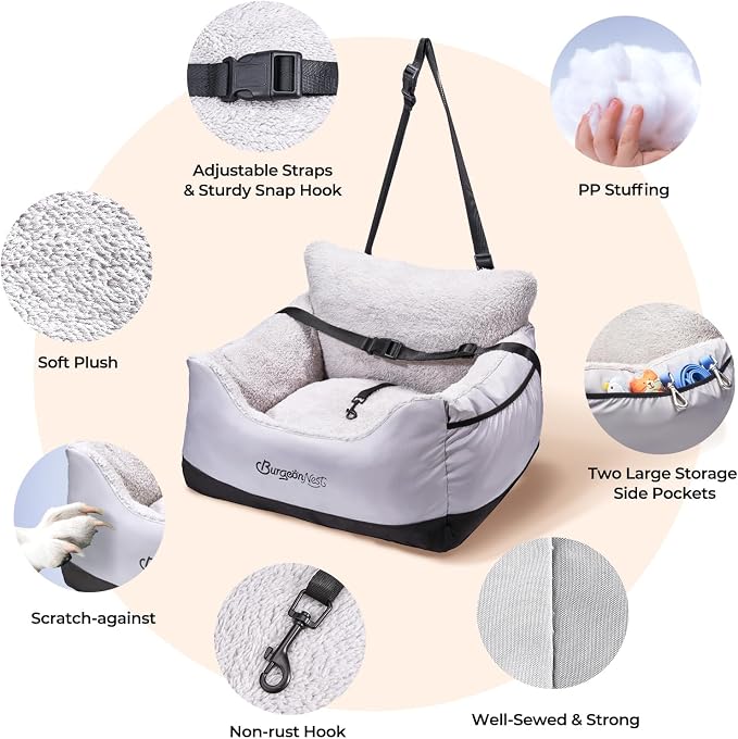 BurgeonNest Dog Car Seat for Small Dogs & Cats Under 25 lbs, Black Grey - Image 8