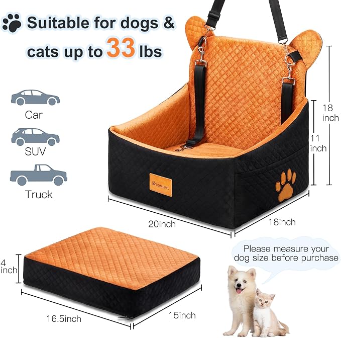 Dog Car Seats for Small/Medium Dogs up to 33lbs(Brown Black). | Car Seat for Dogs, Waterproof Washable, 2 Safety Belts, Non-Slip Base, Storage Pocket, Car Front/Rear Travel, Outdoor Dog Bed - Image 4