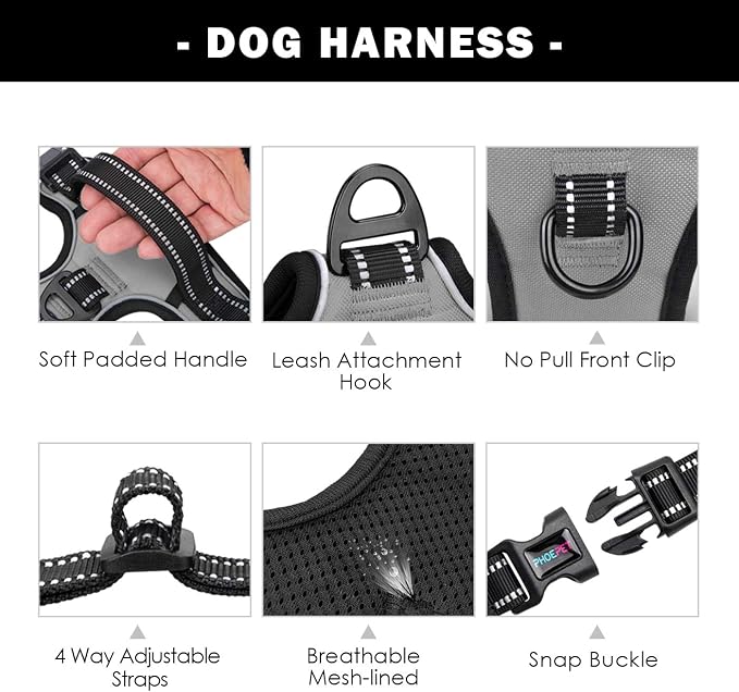 No Pull Dog Harness Medium Reflective Front Clip Vest with Handle | Adjustable 2 Metal Rings 3 Buckles,[Easy to Put on & Take Off](XL, Grey) - Image 4