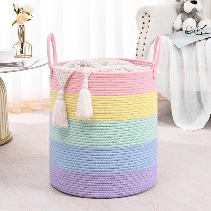 Laundry Hamper for Organizing, 52L Large Laundry Baskets, Cotton Rope Woven Blanket Basket, Collapsible Laundry Hamper for Living Room, Nursery, 15"×18", Light Rainbow - Image 8