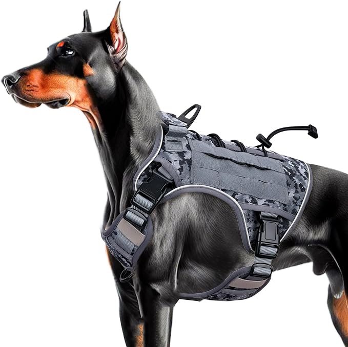 Heavy-Duty Tactical Dog Harness for Large Dogs, No Pull Adjustable Reflective Pet Vest with Molle System, K9 Military-Grade Control for Service Training, Outdoor & 10+ Breeds, Gray Camo, Large by Bruvoalon