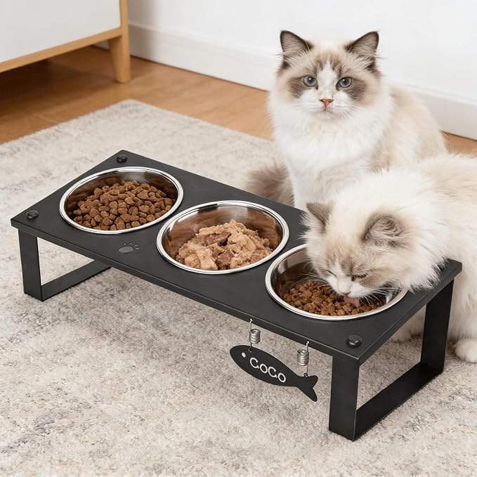 3 in 1 Elevated Cat Bowls with Splash proof Mat for Kittens, Puppies, Multi-pet Households, 10° Tilted Raised Cat Bowls Anti-Vomiting, 3 Wide Shallow Stainless Steel Bowls, Whisker Friendly, 3.5" Tall - Image 7