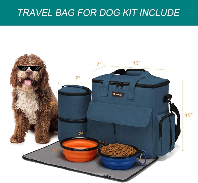Modoker Weekend Dog Travel Bag Set with 2 Food Bags, 2 Bowls and Mat,Blue | Dog Travel Accessories Organizer for Camping and Road Trips with Roomy Storage, Multiple Pockets and Water-Resistant Oxford - Image 3