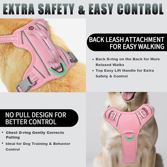 BARKBAY No Pull Dog Harness Large Reflective Dog Harness with Front Clip and Easy Control Handle for Walking Training Running with ID tag Pocket(Baby Pink,XL) - Image 3
