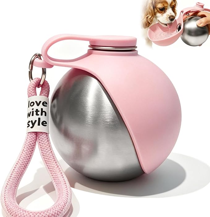 Drain-Back Stainless Steel Portable Dog Water Bottle with Bowl for Walks | 10oz 2-in-1 Leak-proof Pet Water Tumbler, Puppy Water Dispenser Ideal for Small Dogs Travel, Hiking, Park & Beach Trips(Pink) by Unknown