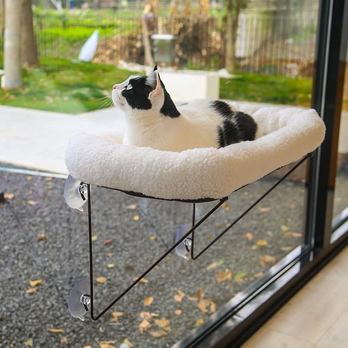 Zakkart Cat Window Perch - 100% Metal Supported from Below - Comes with Warm Spacious Pet Bed - Cat Window Hammock for Large Cats & Kittens - for Sunbathing, Napping & Overlooking (White) by Zakkart