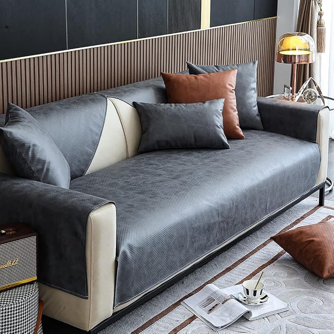 vctops Vintage Leather Look Sofa Cover Water Resistant Non-Slip Sectional Couch Cover Sofa Slipcover for Dogs, Children, Pets Furniture Protector (Grey,36"x70") - Image 4