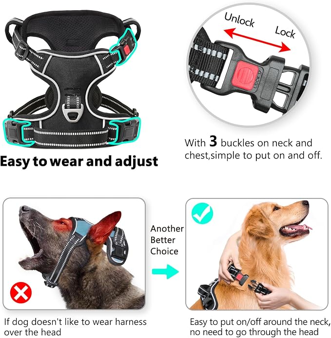 Timos Dog Harness, Front Clip No Pull Medium Sized with Handle, Black, M | No Choke, Adjustable Reflective Soft Padded, Quick Release 3 Buckles, Easy On & Off, Front & Back 2 Clips for Outdoor Walking - Image 3