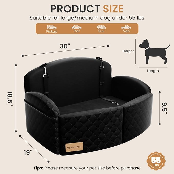 Dog Car Seat for Medium/Large Dogs, Pet Booster Car Bed up to 55lbs, Black | Dog Car Seat for 2 Small Dogs, Memory Foam Cushion, Detachable Washable Cover, 2 Safety Leashes, Non-Slip, Fits Back Seat - Image 5