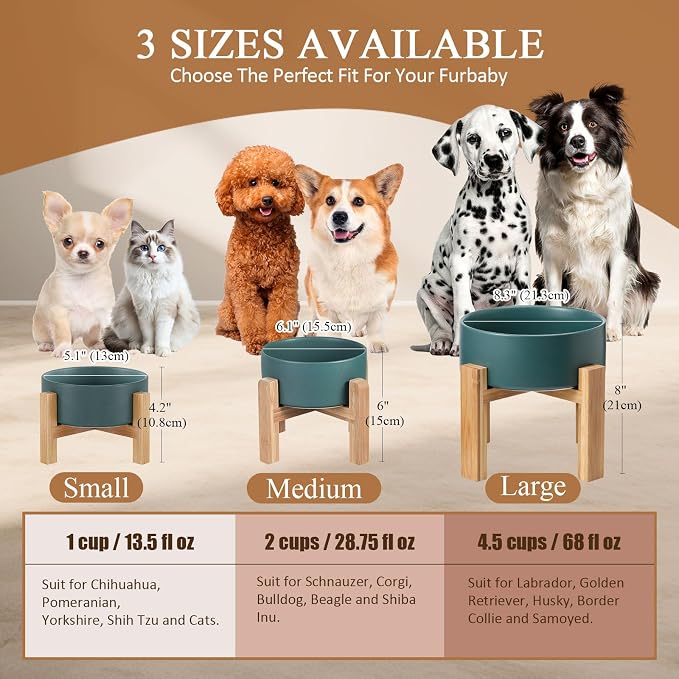 Raised Ceramic Large Dog Bowl - Heavy Weighted Dog Dish with Bamboo Stand - Elevated for Comfortable Feeding - 8.3" W x 8" H - 4.5 Cups (68 fl oz) - White - Image 9