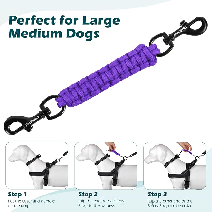 PetBonus Dog Collar Safety Clip, Handmade Prong Collar to Harness Connector | Dog Leash Backup Safety Strap, Escape Proof, Double Ended Clasp, Lead Connector for Pinch Collar, Harness (Purple) - Image 6