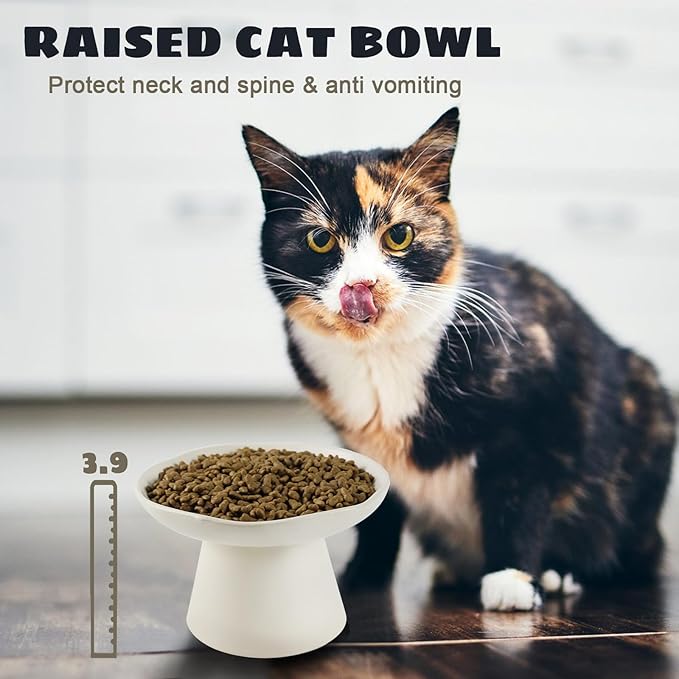 Extra Wide 6.1" Raised Cat Food Bowl, Shallow Ceramic Elevated Cat Feeder, Anti Vomiting, Stress Free, Whisker Fatigue, Pet Food or Water Bowl, White - Image 5