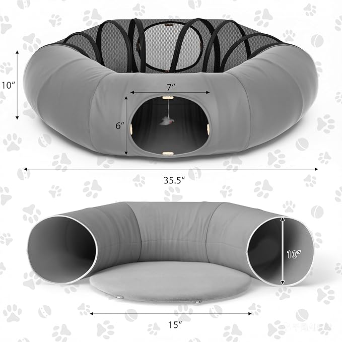 COZIWOW Cat Tunnel Bed for Indoor Cats, 2-in-1 with Splicing Design | Dual Material Cushion & Hanging Toys, Adjustable & Foldable Shape, Cat Donut Cave for Kitten/Bunnies(Grey) - Image 6