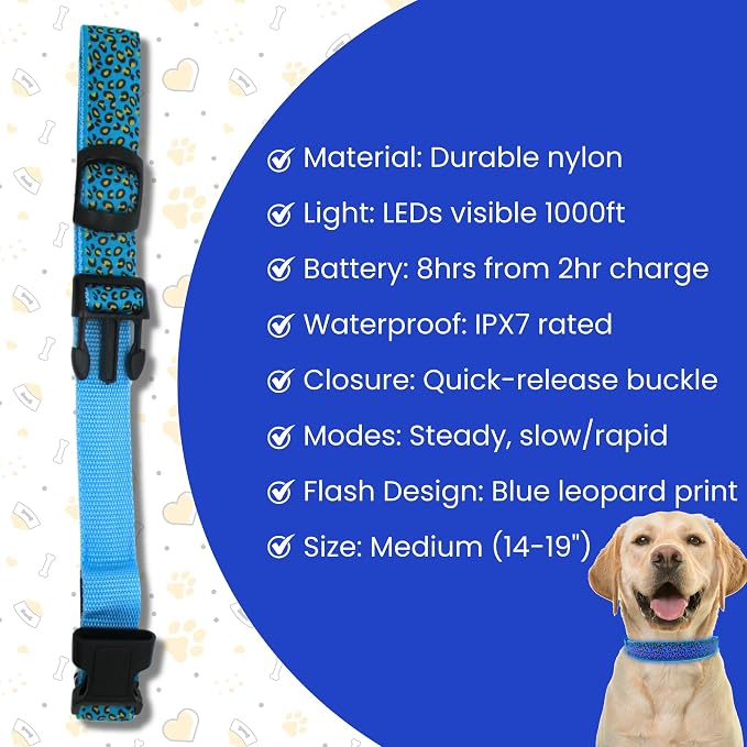 Leopard Dog Collar - Glow in the Dark USB Collar with Rechargeable Battery + Waterproof Design - Light Up Dog Collar - Blue (Medium Size) - Image 4
