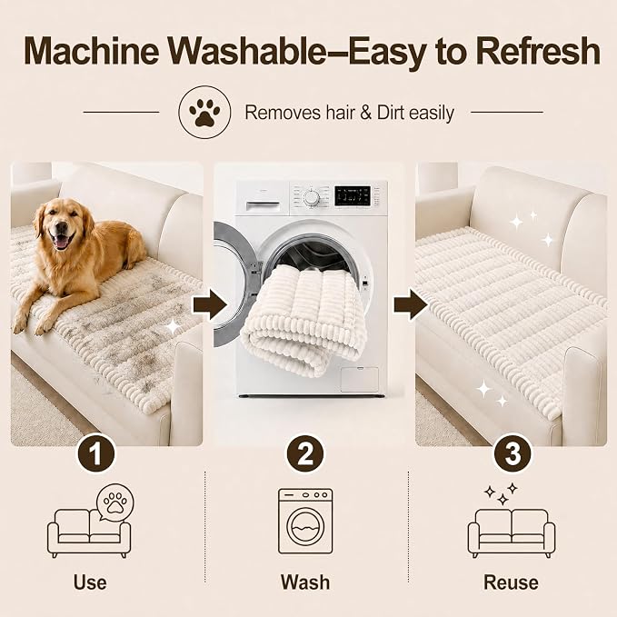 decorUhome Couch Cover for Dogs, Non Slip Fuzzy Thick Pet Sofa Protector | Pet Friendly, Machine Washable, Fits 4-Cushion Sofa, Protects Against Pet Hair, Scratches & Daily Messes, White, 27.6" x 88" - Image 8
