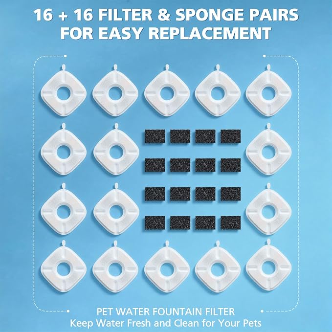 32 Pcs Cat Water Fountain Filters for Veken 95oz 67oz 135oz Pet Fountain | Dog Water Fountain Automatic Dog Water Dispenser 16 Pcs Pet Fountain Filter Replacement & 16 Pcs Pre-Filter Sponges - Image 9