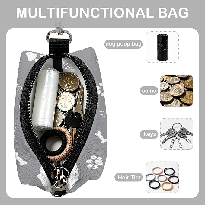 Dog Poop Bag Holder for Leashes with Zippered - Paws & Bones | 3.7x2x1.6 INCH, Polyester, Waste Bag Dispenser, Durable, Portable, Lightweigh, Compact, With Key Chain, Pet, Doggy, Gray - Image 3
