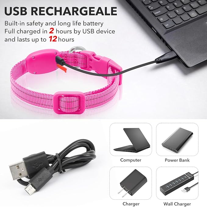 Illumifun LED Dog Collar, USB Rechargeable Light Up Collars, Adjustable Safety Collar Light for Small Dogs Cats Glow in the Dark (Pink, X-Small) - Image 4