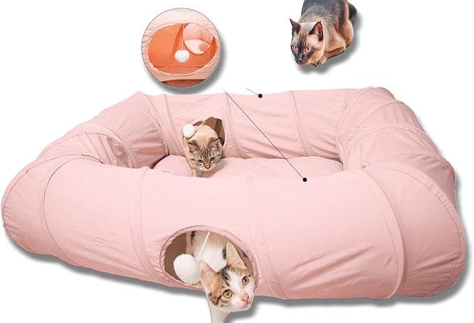 XxingSheep 4 Ways Shuttled XL Cat Tunnel Bed for Indoor Cats Peekaboo Cat Cave Donut with Cool Mat (Pink) by XxingSheep