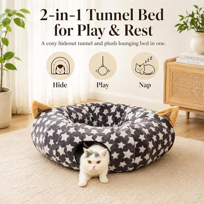 Large Cat Tunnel Bed Under Christmas Tree with Fluffy Toy Balls, Small Cushion and Flexible Design- 10 inch Diameter, 3 ft Length- Great for Cats, and Small Dogs, Gray Star Pattern - Image 2