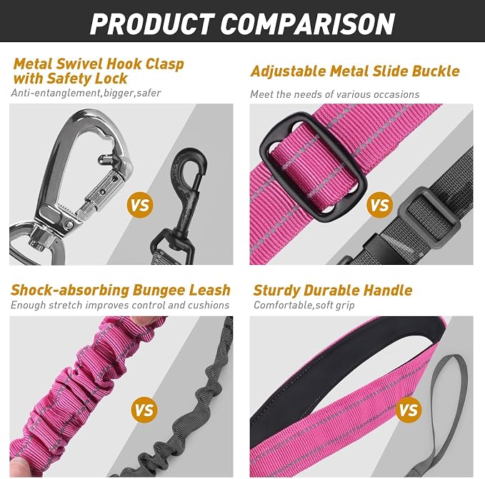 AUBELL Tactical Dog Leash Heavy Duty,4-6ft No Pull Bungee Leash,Pink | Reflective Dog Leash for Medium Large Dogs with Comfortable Padded Double Handle,Car Seat Belt,360 Degree Rotating Carabiner - Image 5