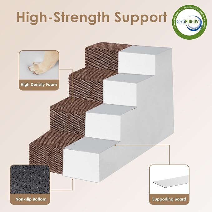EHEYCIGA Dog Stairs for Bed 20" H, 4-Step Extra Wide Dog Steps, Brown | Pet Steps for Small Dogs and Cats for High Bed, Non-Slip Balanced Pet Ramp Indoor - Image 3